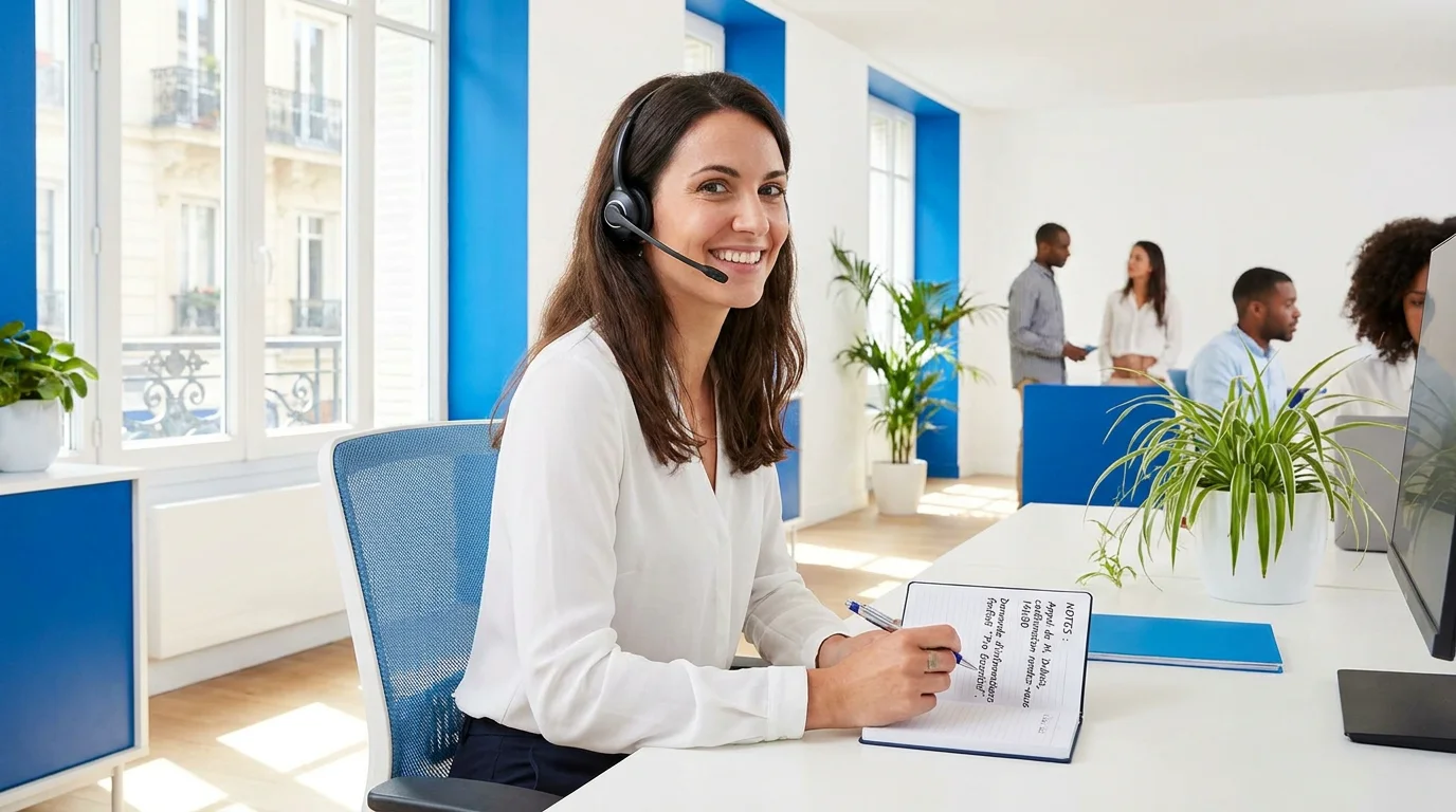 Opératrice d'accueil téléphonique professionnelle souriante avec casque audio