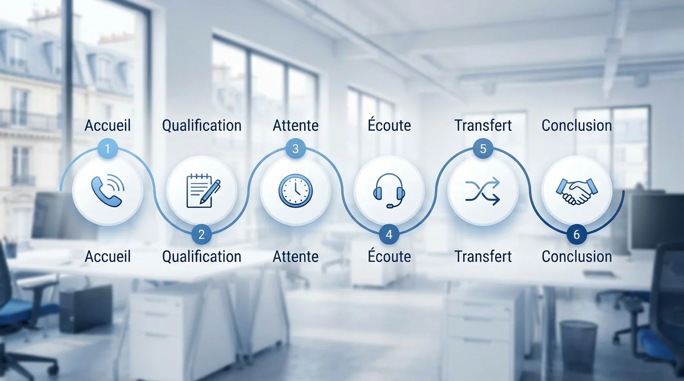 Infographie des 6 étapes clés d'un appel téléphonique professionnel en français