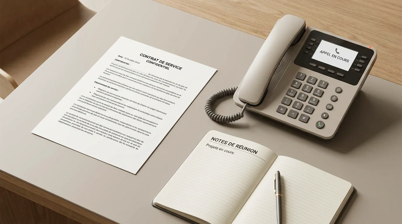 Guide PDF de phrases types pour l'accueil téléphonique posé sur un bureau professionnel