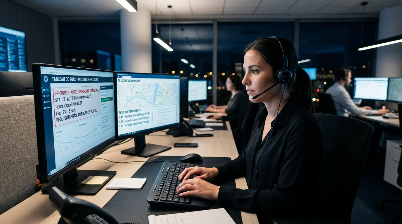 Opératrice gérant des appels d'urgence de nuit dans un bureau moderne