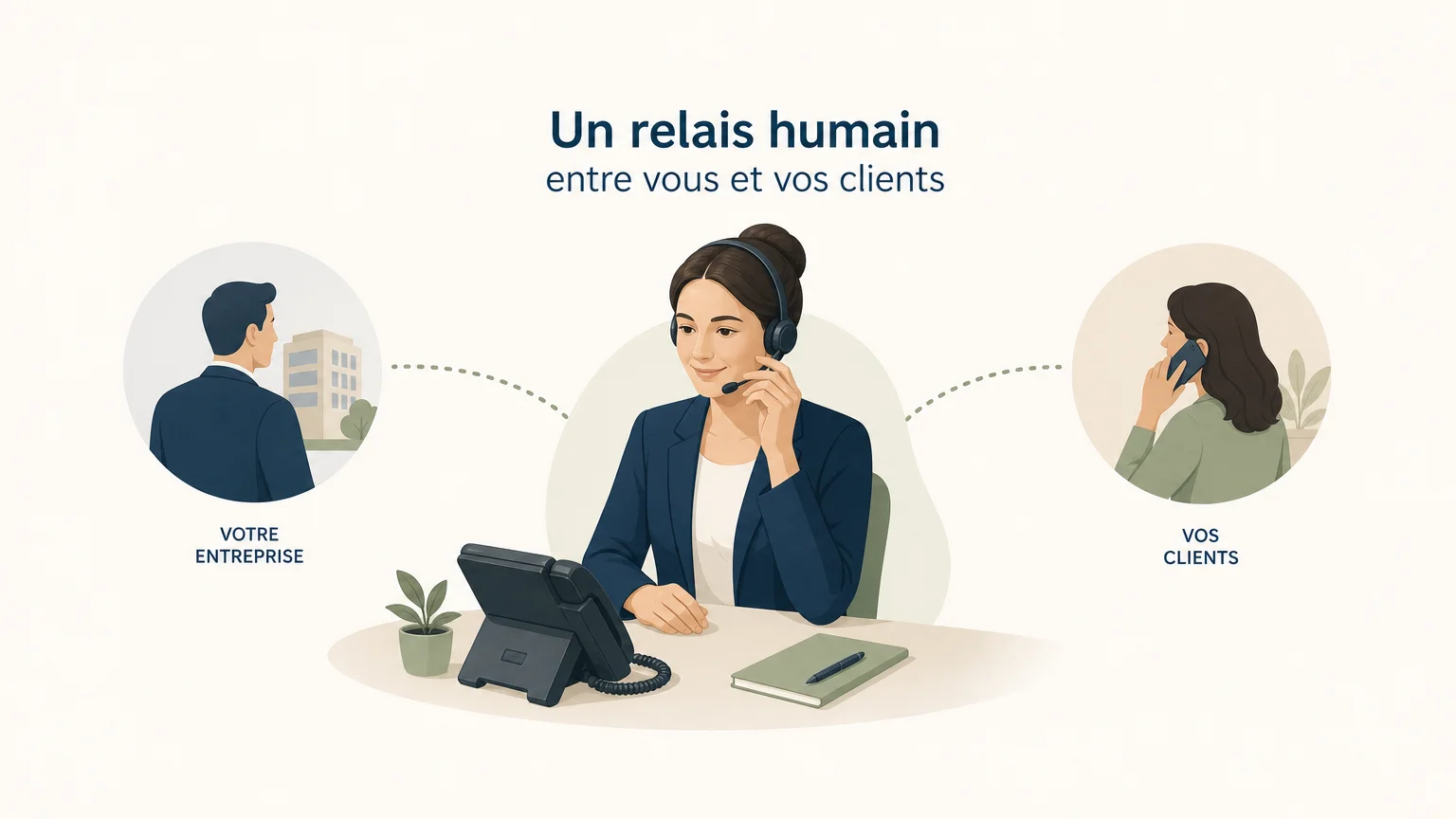 Illustration d’un centre de relation client externalisé comme relais entre une entreprise et ses clients