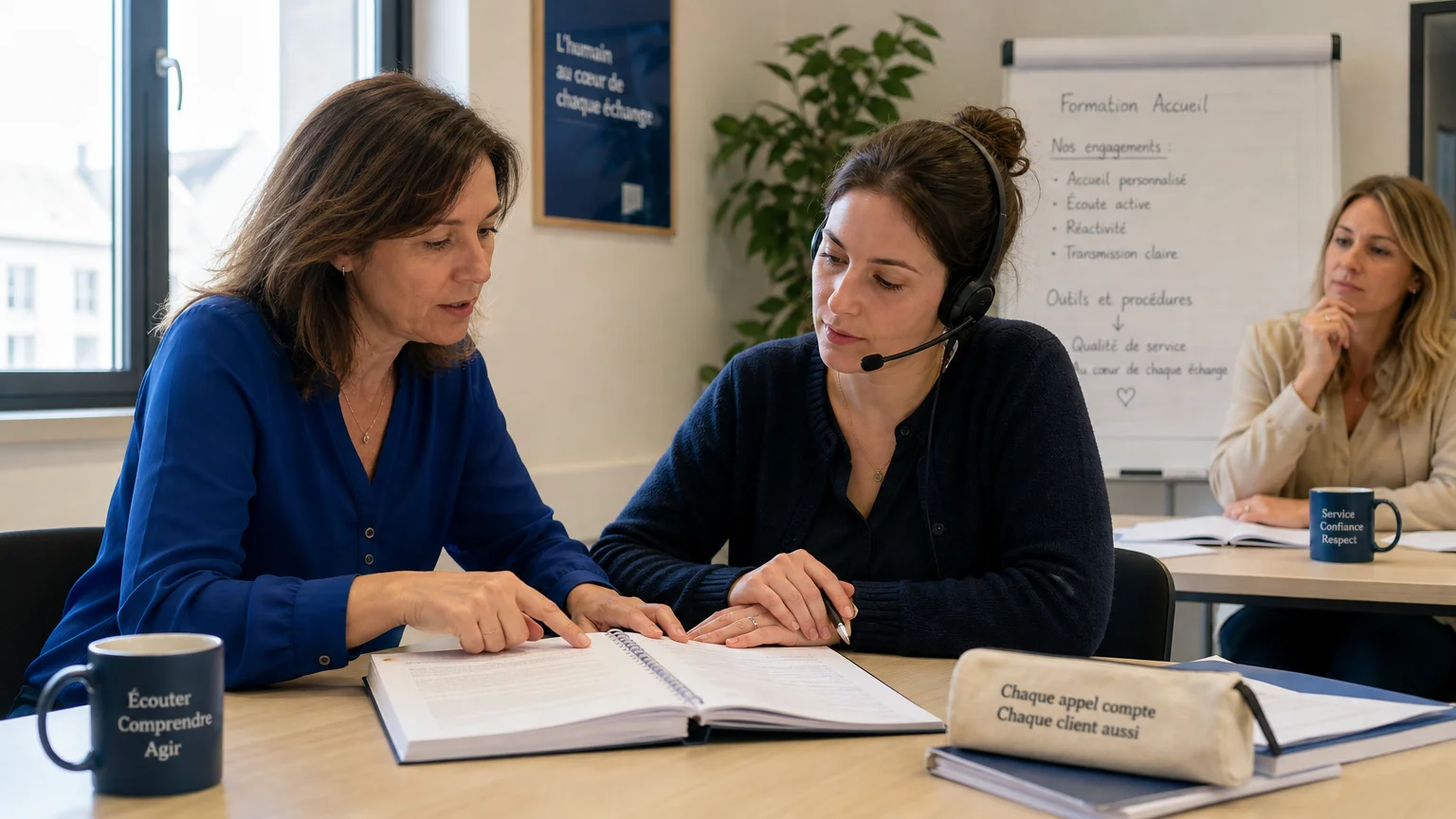 Responsable d’entreprise échangeant avec une conseillère sur les procédures d’accueil client
