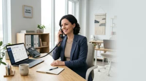 Dirigeant de TPE répondant au téléphone dans un bureau lumineux