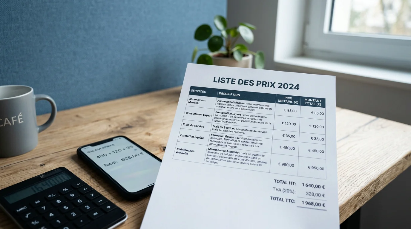 Bureau avec calculatrice et grille tarifaire pour estimer le coût d'un standard externalisé