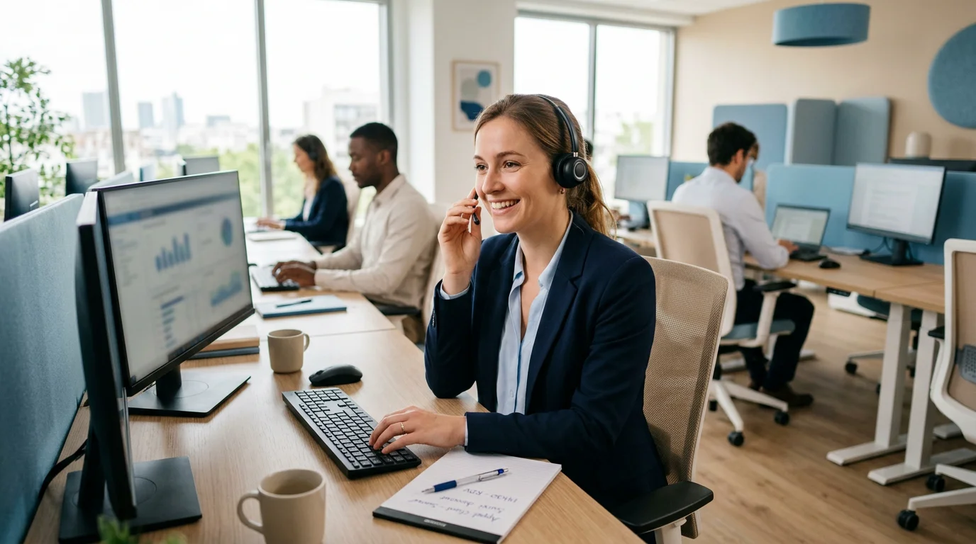 Téléconseillère avec casque assurant l'accueil téléphonique externalisé d'une entreprise