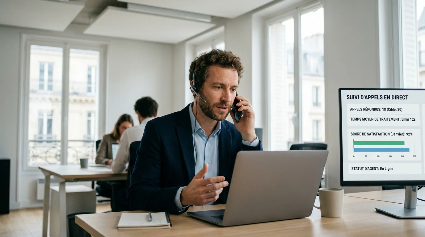 Professionnel gérant un accueil téléphonique avec suivi des indicateurs d'appels