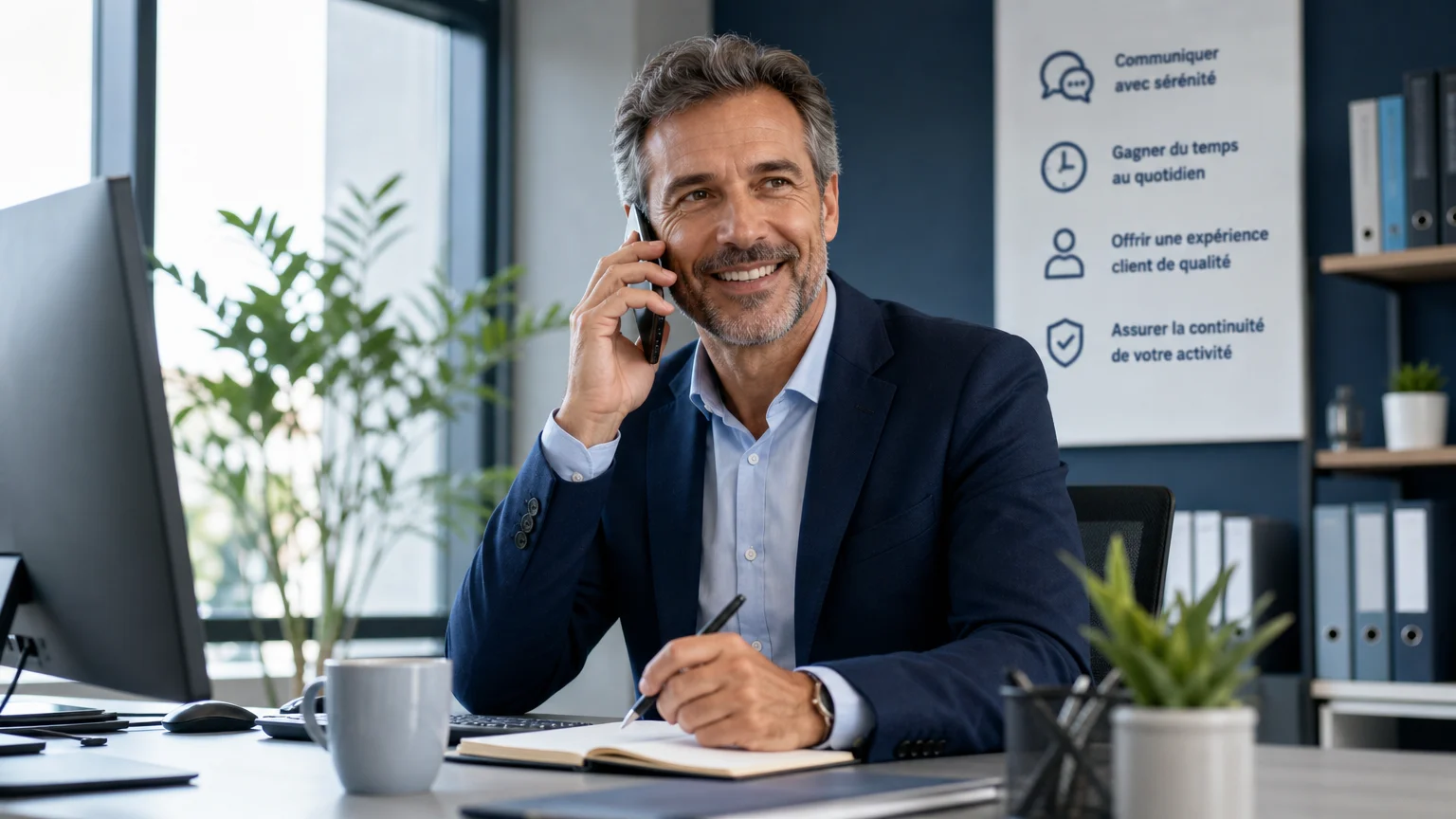 Dirigeant utilisant une ligne téléphonique professionnelle dans son bureau