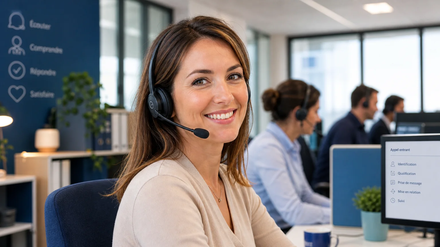 Téléopératrice assurant un accueil téléphonique professionnel avec casque