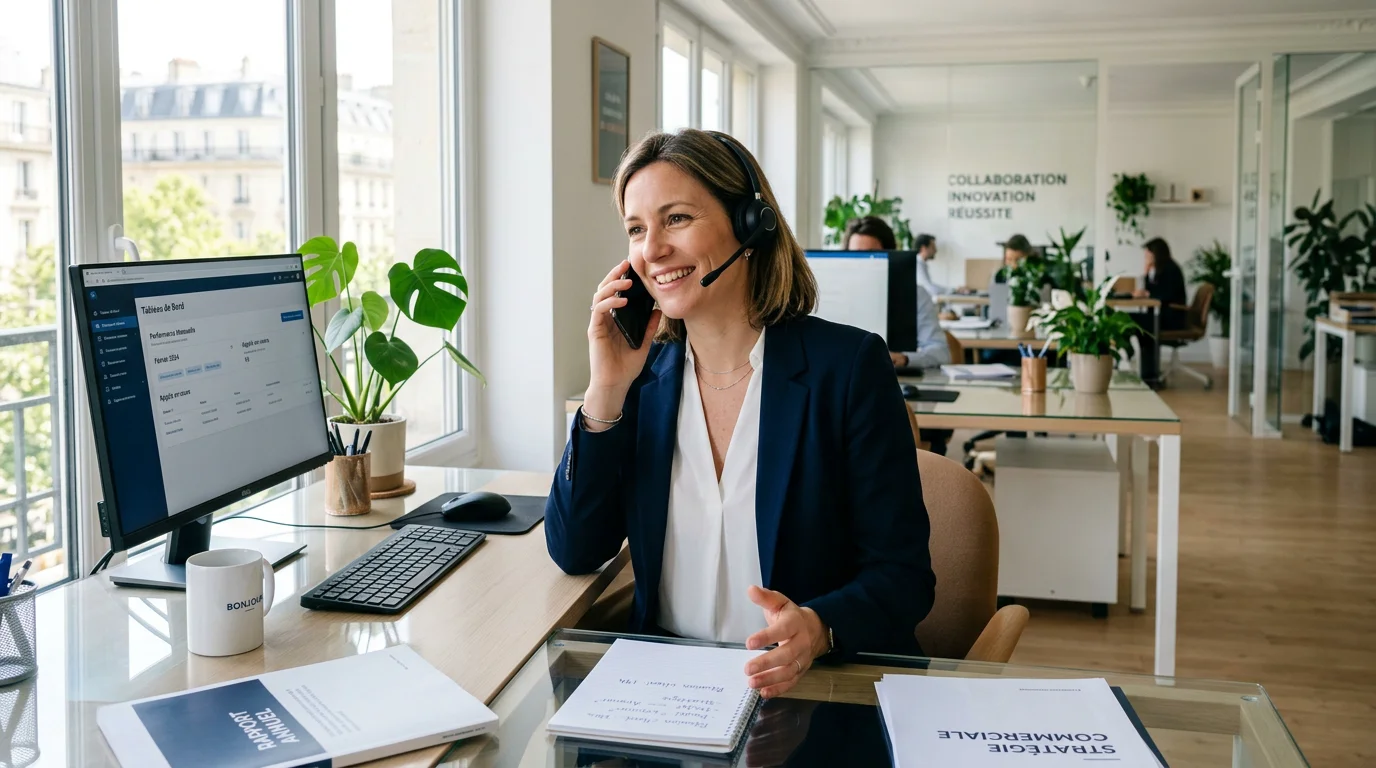Professionnel avec un casque téléphonique répondant à un appel dans un bureau moderne et lumineux