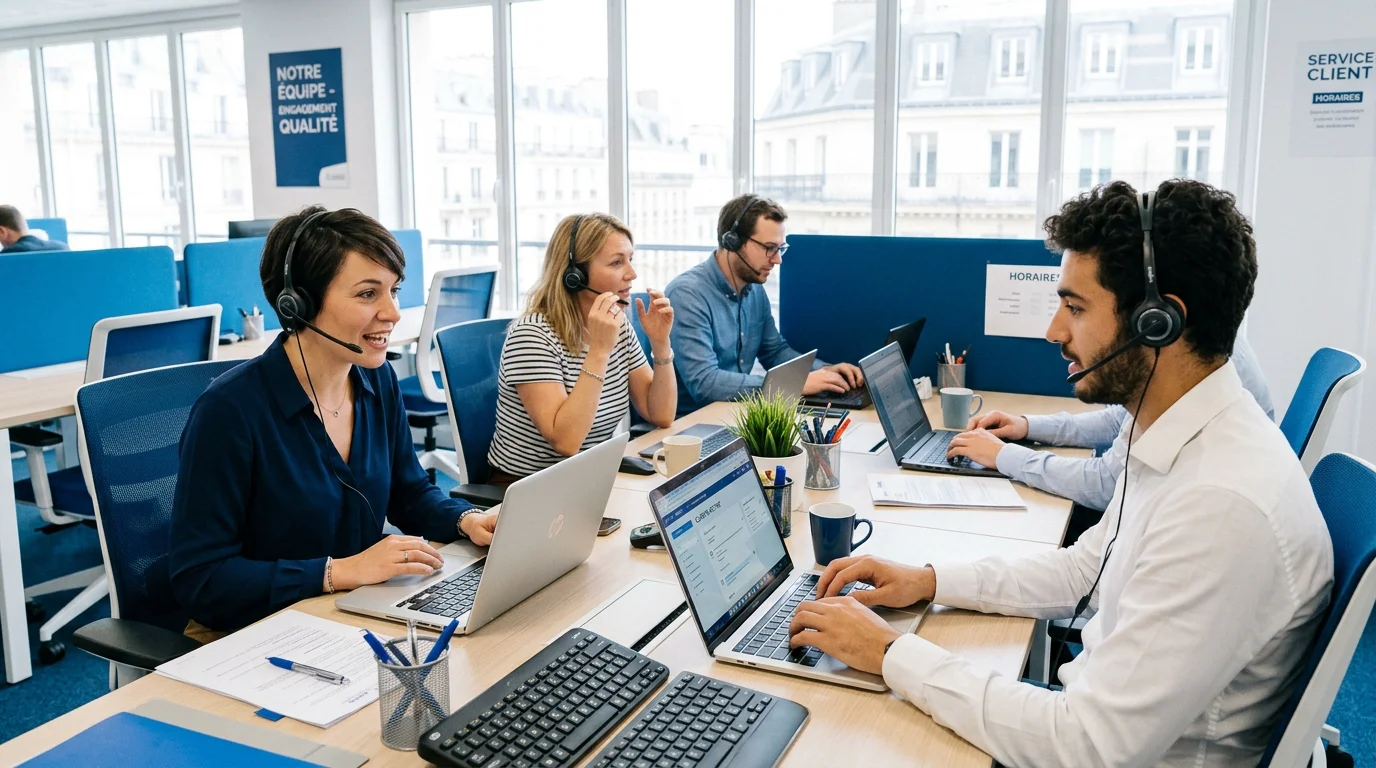 Équipe d'opérateurs téléphoniques travaillant avec des casques dans un centre d'appels lumineux