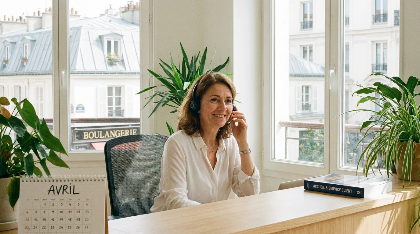 Réceptionniste professionnelle assurant un service de permanence téléphonique