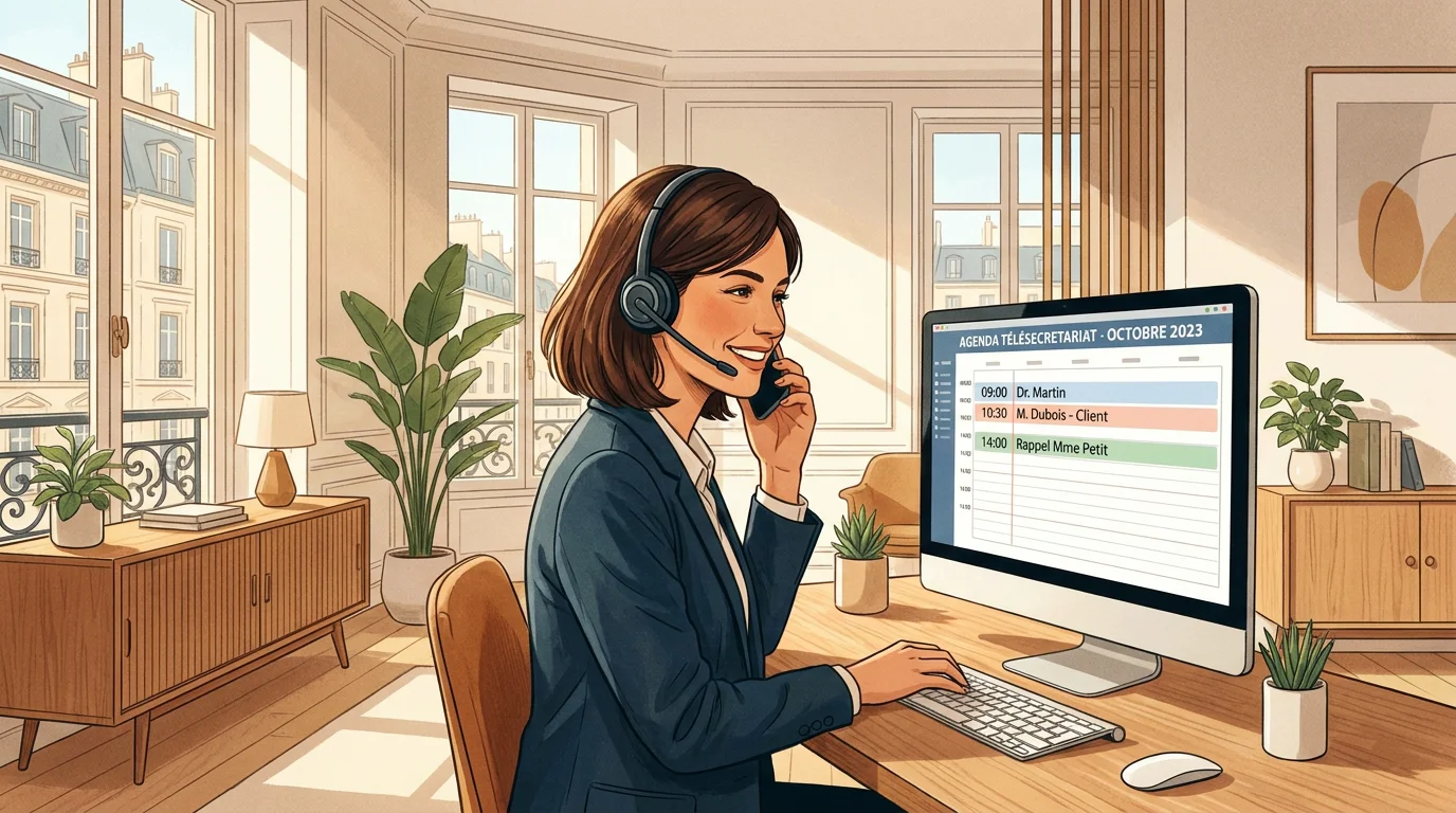 Télésecrétaire professionnelle assurant une permanence téléphonique dans un bureau moderne