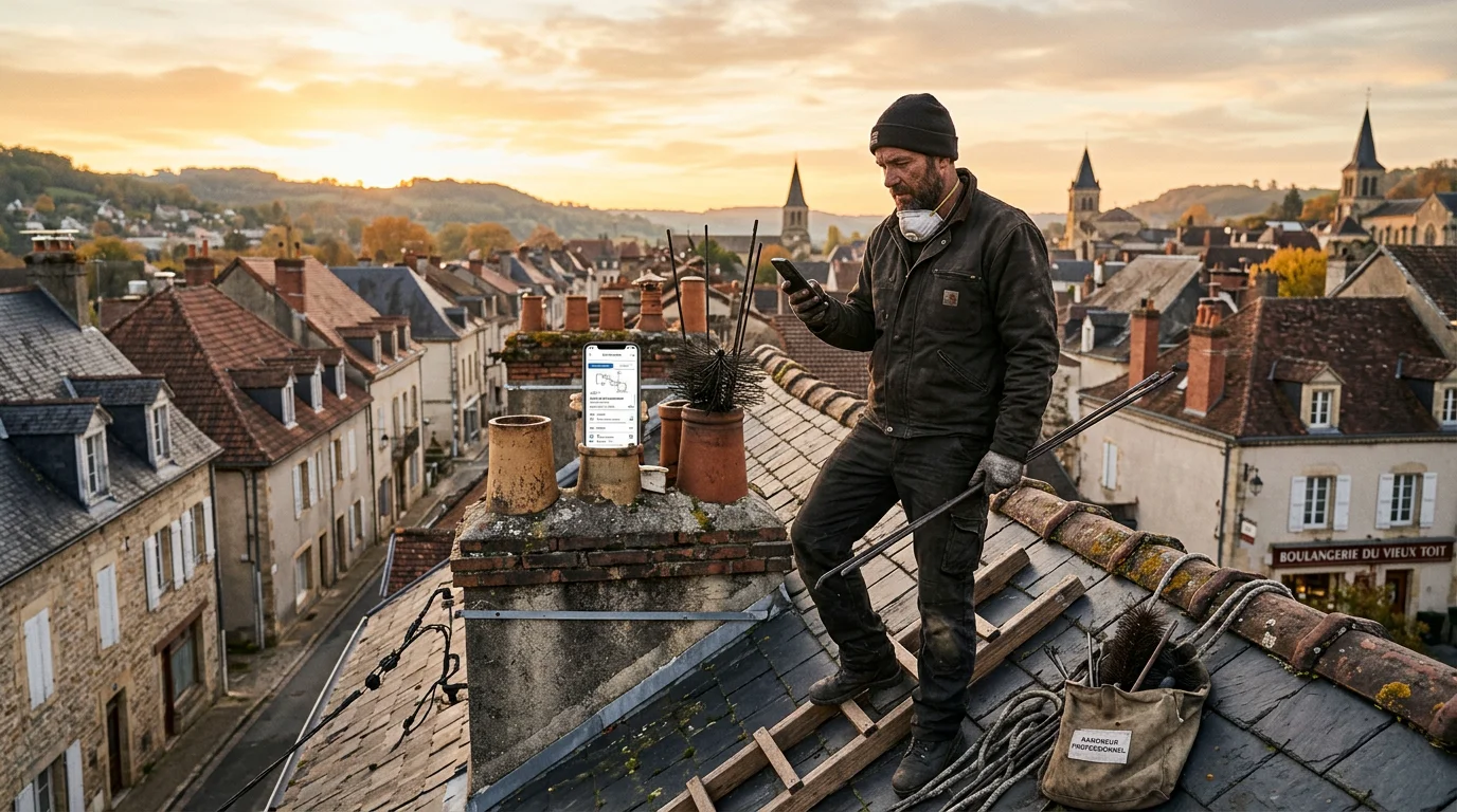 Ramoneur professionnel sur un toit consultant son téléphone au lever du jour