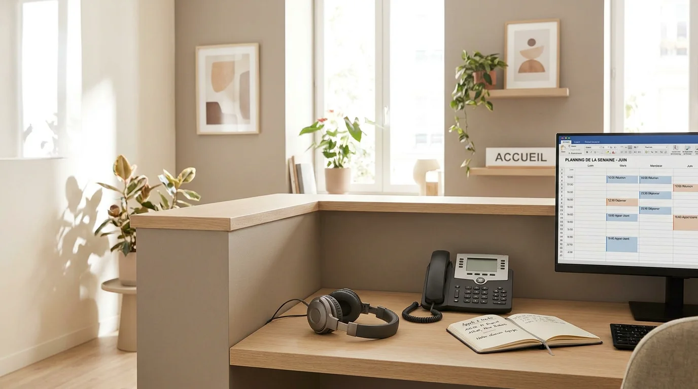 Bureau de permanence téléphonique professionnel avec casque audio et planning