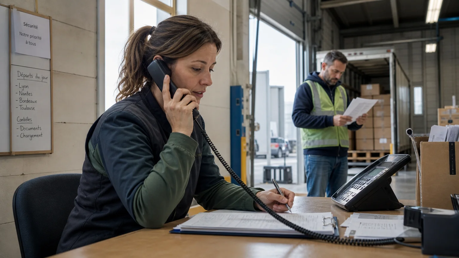 Responsable d’exploitation coordonnant une livraison par téléphone dans un dépôt logistique