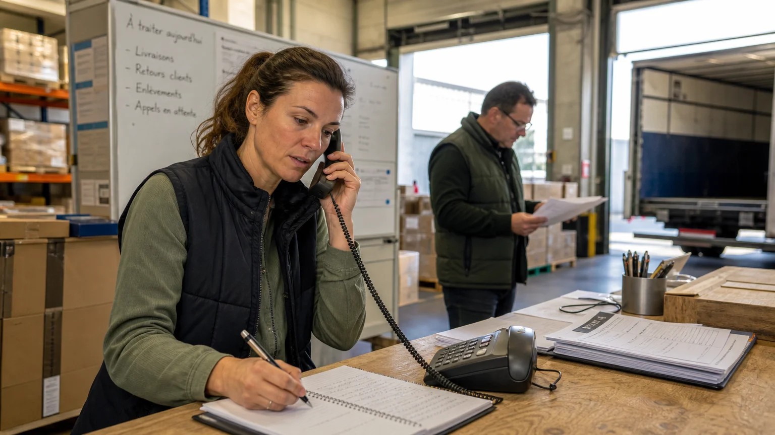Responsable d’exploitation coordonnant une livraison par téléphone dans un dépôt logistique