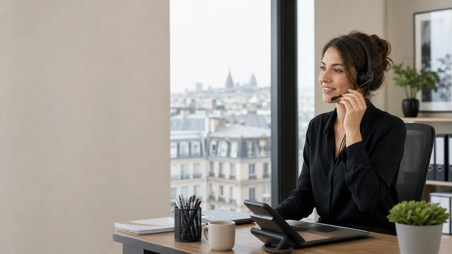 Accueil téléphonique professionnel à Paris, une télésecrétaire prenant un appel dans un environnement de travail lumineux