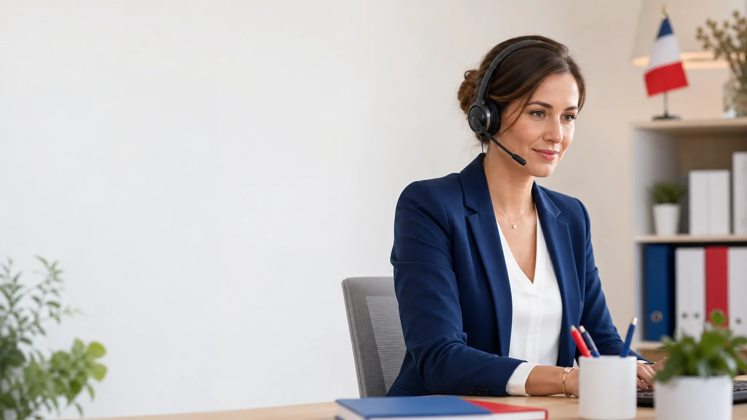 Télésecrétaire accueillant un appel dans un bureau professionnel en France